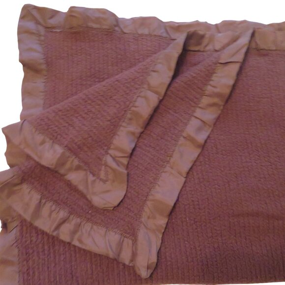Vintage Acrylic Waffle Weave Blanket All Around Satin Trim Dark Brown USA Made - Picture 5 of 11